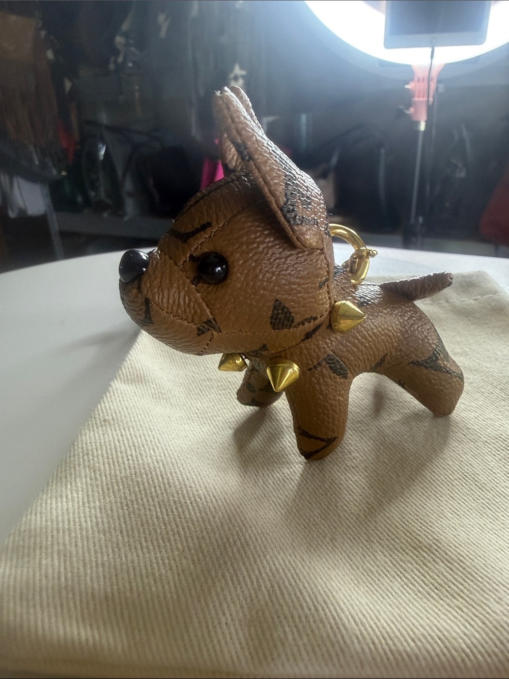 Mini Brown Puppy Keychain Charm with Gold Studs